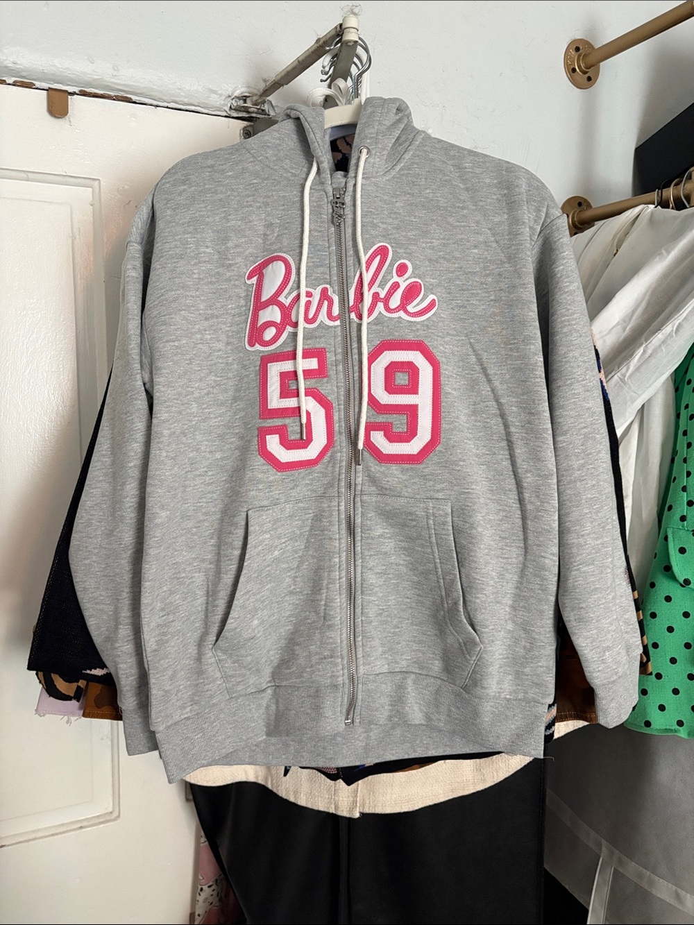 Barbie Grey Zip-Up Hoodie Jacket with Pink Graphic 59